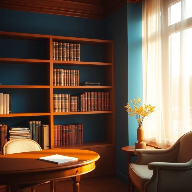 Interior de birou ConsultVisionary cu perete accent azur și rafturi din lemn de nuc