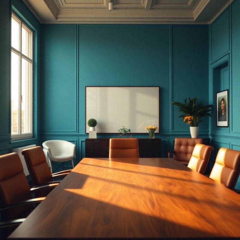 Sală de consultanță ConsultVisionary în tonuri de azur, cu lumină naturală și masă din nuc