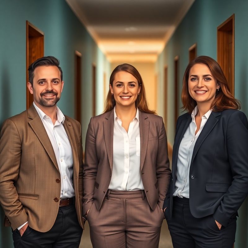 Trei profesioniști români în ținută business într-un coridor luminos cu pereți în tonuri de azur